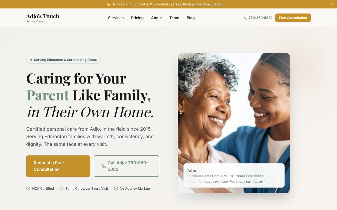 Homepage of the Adjo's Touch website, a home care site built by NX Century