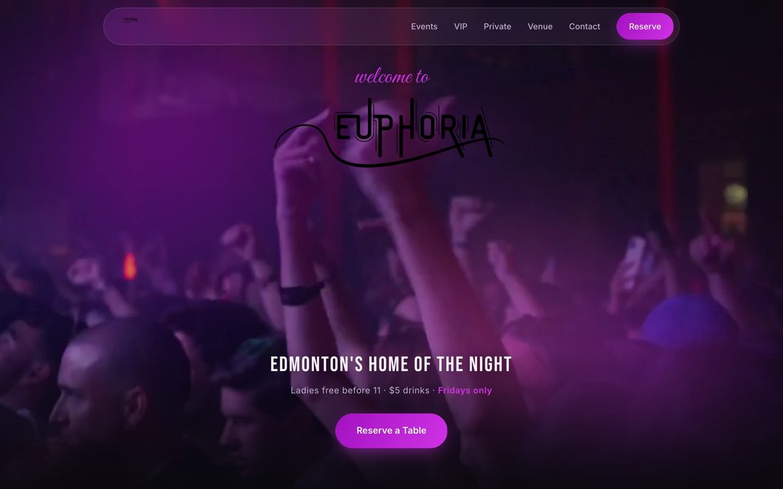 Homepage of the Euphoria website, a nightlife site built by NX Century