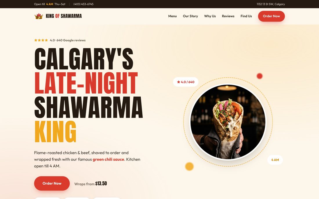 Homepage of the King of Shawarma website, a restaurant site built by NX Century